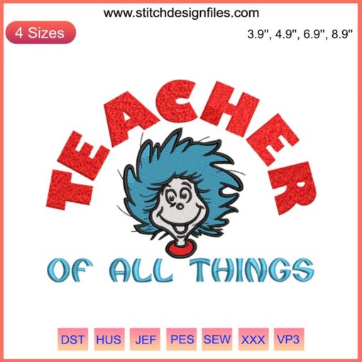 "Dr. Seuss Teacher of All Things Embroidery Design | Thing Two Digital Embroidery: Whimsical, colorful Seuss-inspired pattern"