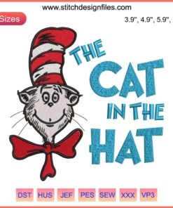 Cat in the Hat Dr. Seuss Embroidery, vibrant stitching design for Dr. Seuss Day, digital download, whimsical stitching pattern.