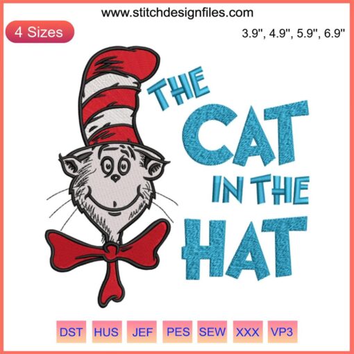 Cat in the Hat Dr. Seuss Embroidery, vibrant stitching design for Dr. Seuss Day, digital download, whimsical stitching pattern.
