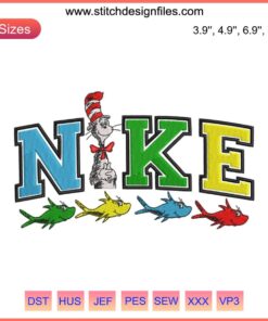 Colorful Nike logo featuring Dr. Seuss fish embroidery design, perfect for digital stitching projects or themed apparel.