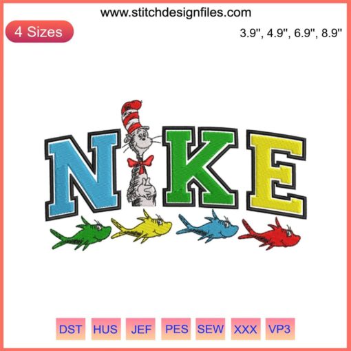 Colorful Nike logo featuring Dr. Seuss fish embroidery design, perfect for digital stitching projects or themed apparel.