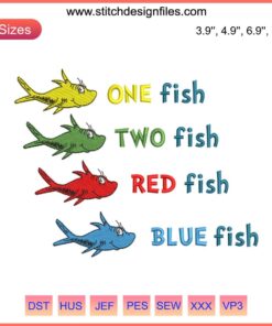 Dr. Seuss Fish Embroidery Design: One Fish Two Fish Red Fish Blue Fish | Dr. Seuss Day Digital Stitching Pattern