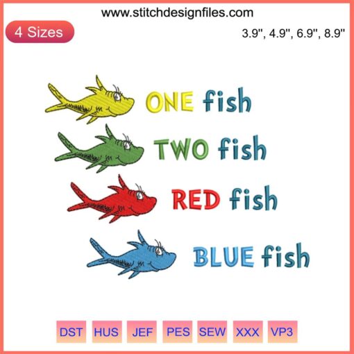 Dr. Seuss Fish Embroidery Design: One Fish Two Fish Red Fish Blue Fish | Dr. Seuss Day Digital Stitching Pattern