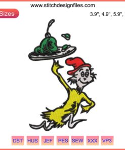 Sam I Am Dr. Seuss Embroidery Design features Green Eggs and Ham in vibrant stitching, perfect for crafting unique apparel.