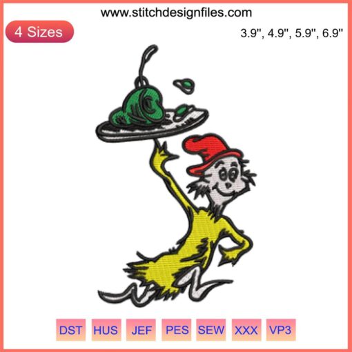 Sam I Am Dr. Seuss Embroidery Design features Green Eggs and Ham in vibrant stitching, perfect for crafting unique apparel.