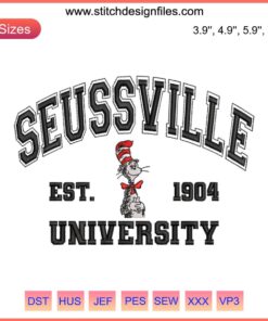 "Seussville University Est. 1940 Embroidery Design featuring Dr. Seuss digital stitching, perfect for whimsical crafting projects."