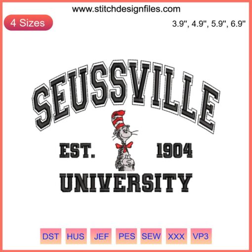 "Seussville University Est. 1940 Embroidery Design featuring Dr. Seuss digital stitching, perfect for whimsical crafting projects."