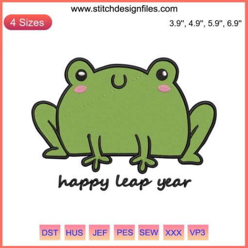 Funny Frog Embroidery Design for Leap Year | Digitized Stitching Art for Happy Leap Day | Playful Amphibian Motif
