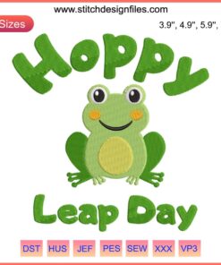 Frog Leap Day Embroidery Design: Cute green frog with clovers, whimsical stitching, perfect for Leap Day crafts.