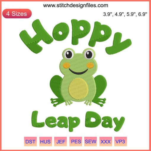 Frog Leap Day Embroidery Design: Cute green frog with clovers, whimsical stitching, perfect for Leap Day crafts.