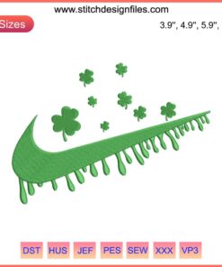 St. Patrick's Day Nike Swoosh Embroidery Design with Dripping Clover, Digital Stitching, Leaf Clover Logo