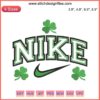 Green shamrock embroidery intertwined with iconic Nike Swoosh, perfect for St. Patrick's Day digital stitching projects.