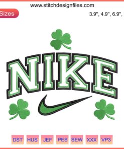 Green shamrock embroidery intertwined with iconic Nike Swoosh, perfect for St. Patrick's Day digital stitching projects.