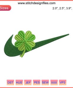 Shamrock Swoosh Logo Embroidery Design: Nike Four Leaf Clover Digital Stitching, Green Clover with Nike Swoosh.