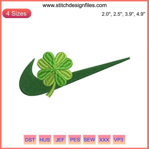 Shamrock Swoosh Logo Embroidery Design: Nike Four Leaf Clover Digital Stitching, Green Clover with Nike Swoosh.
