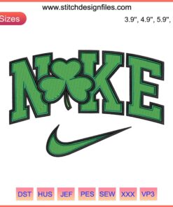 Embroidery design featuring a green lucky shamrock clover, perfect for celebrating St. Patrick's Day with Nike stitching patterns.