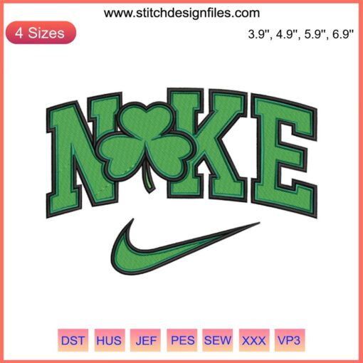 Embroidery design featuring a green lucky shamrock clover, perfect for celebrating St. Patrick's Day with Nike stitching patterns.