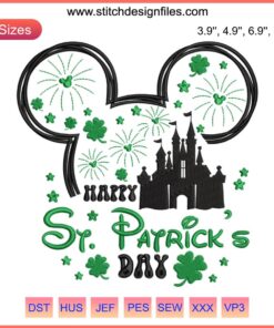 Mickey Mouse St. Patrick's Day Castle Embroidery Design, featuring iconic castle and festive Irish-themed stitching elements.