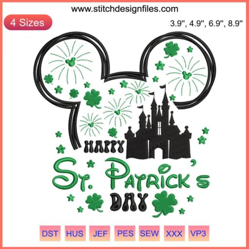 Mickey Mouse St. Patrick's Day Castle Embroidery Design, featuring iconic castle and festive Irish-themed stitching elements.