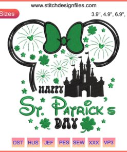 Minnie Mouse St. Patrick's Day Castle Embroidery Design: Festive, whimsical stitching featuring castle elements and clover accents.