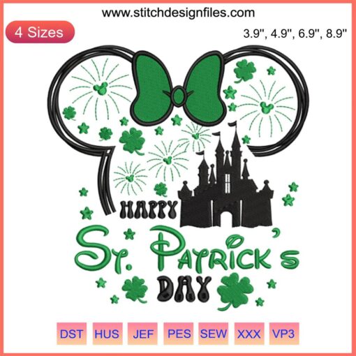 Minnie Mouse St. Patrick's Day Castle Embroidery Design: Festive, whimsical stitching featuring castle elements and clover accents.