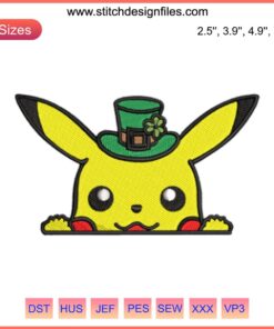 Pikachu St. Patrick's Day Embroidery Design | Adorable Pokémon in Green Hat | Cute Digital Stitching Pattern | Holiday Decor