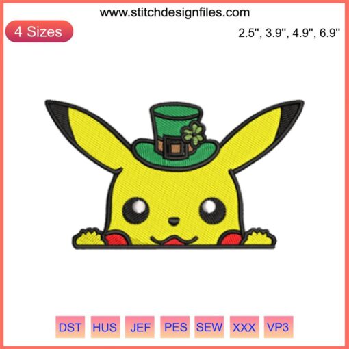 Pikachu St. Patrick's Day Embroidery Design | Adorable Pokémon in Green Hat | Cute Digital Stitching Pattern | Holiday Decor