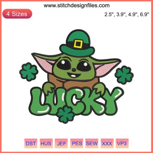 Baby Yoda St. Patrick's Day Embroidery Design, Shamrocks Theme, Digital Stitching, Cute Green Baby Yoda, Lucky Charm Decor