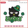 Badtz Maru Embroidery Design: St. Patrick's Day theme with shamrocks, kawaii character, digital stitching pattern.
