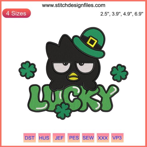 Badtz Maru Embroidery Design: St. Patrick's Day theme with shamrocks, kawaii character, digital stitching pattern.