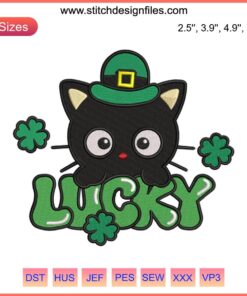 Chococat Embroidery Design featuring St. Patrick’s Day Shamrocks | Digital Stitching | Cute Lucky Cat Pattern
