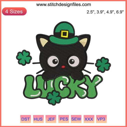 Chococat Embroidery Design featuring St. Patrick’s Day Shamrocks | Digital Stitching | Cute Lucky Cat Pattern