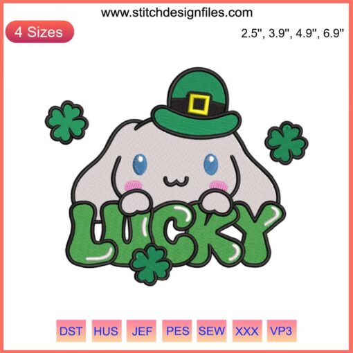 Cinnamoroll St. Patrick's Day Embroidery Design with Shamrocks, Cute Digital Stitching Pattern, Festive Lucky Theme