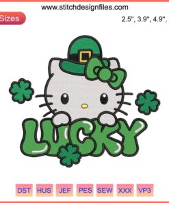 Hello Kitty Lucky Embroidery Design with Shamrocks | St. Patrick's Day Themed Digital Stitching Art