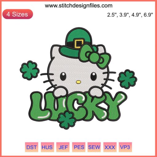 Hello Kitty Lucky Embroidery Design with Shamrocks | St. Patrick's Day Themed Digital Stitching Art