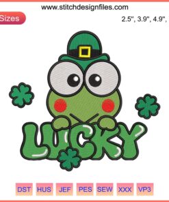 Keroppi Lucky Embroidery Design featuring St. Patrick's Day Keroppi with shamrocks, perfect for digital stitching projects.