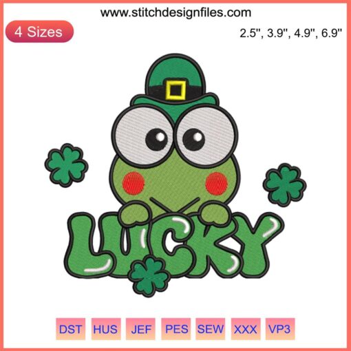Keroppi Lucky Embroidery Design featuring St. Patrick's Day Keroppi with shamrocks, perfect for digital stitching projects.
