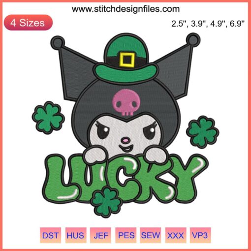 Kuromi Lucky Embroidery Design: St. Patrick’s Day themed with Kuromi, shamrocks, digital stitching pattern, festive stitching.
