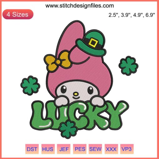 St. Patrick's My Melody Lucky Embroidery Design with shamrocks, perfect for festive digital stitching projects.