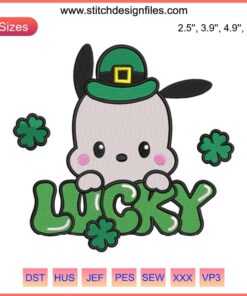 Pochacco Embroidery Design: St. Patrick’s Day with Shamrocks, Cute Digital Stitching for Holiday Crafts and DIY Projects