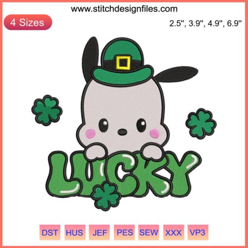 Pochacco Embroidery Design: St. Patrick’s Day with Shamrocks, Cute Digital Stitching for Holiday Crafts and DIY Projects
