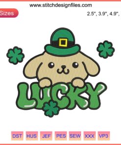 Pompompurin St. Patrick's Day embroidery design featuring shamrocks, adorable charm, and festive green accents. Perfect for DIY crafts.