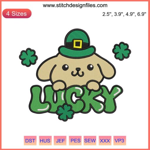Pompompurin St. Patrick's Day embroidery design featuring shamrocks, adorable charm, and festive green accents. Perfect for DIY crafts.