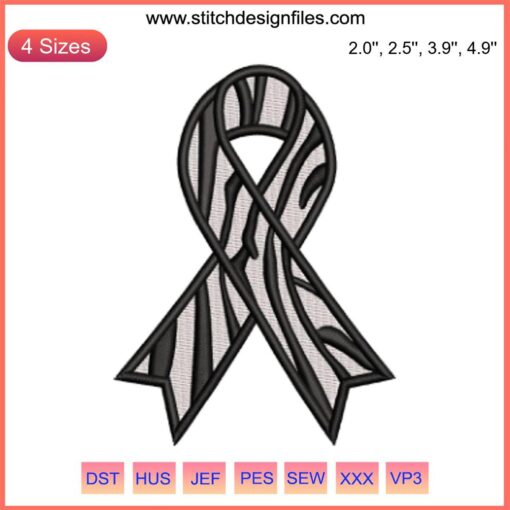 Zebra Awareness Ribbon Embroidery Design, Rare Disease Awareness Digital Pattern, Monochrome Stripes, DIY Craft Embroidery