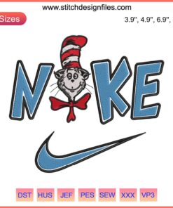Cat in the Hat x Nike embroidery design, Dr. Seuss-inspired digital stitching, vibrant colors, whimsical Nike logo.