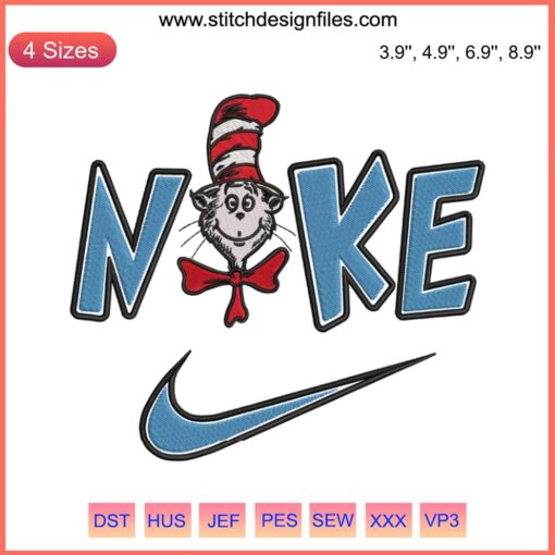 Cat in the Hat x Nike embroidery design, Dr. Seuss-inspired digital stitching, vibrant colors, whimsical Nike logo.