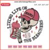 Baseball Mama Skeleton Embroidery Design: "Living Life on the Bleachers" theme, perfect for a Baseball Mom's coffee accessory.