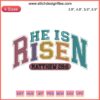 "He Is Risen Embroidery Design: Christian Easter digital stitching, intricate cross pattern, vibrant floral accents, inspirational text."