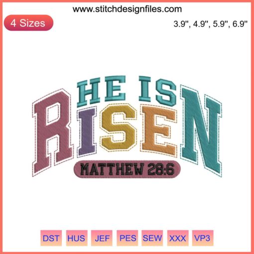 "He Is Risen Embroidery Design: Christian Easter digital stitching, intricate cross pattern, vibrant floral accents, inspirational text."