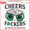 Cheers F*ckers embroidery design, Irish drinking theme, digital stitch with shamrocks, perfect for St. Patrick's Day crafts.